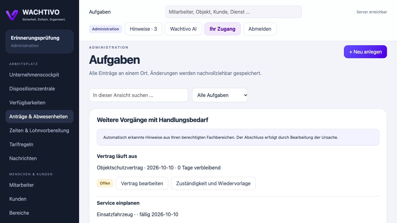 WACHTIVO Plattformansicht: Aufgaben, Hinweise & Alarmierung