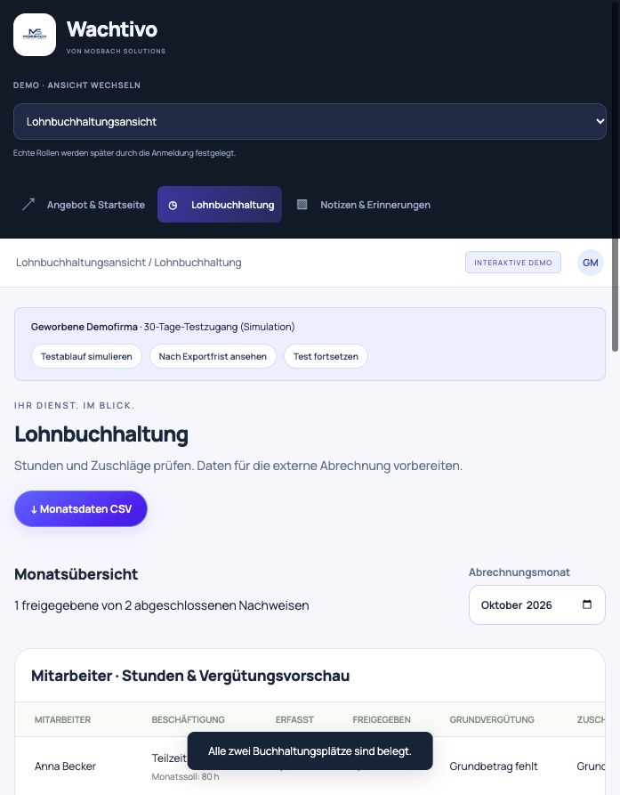 WACHTIVO Plattformansicht: Zeiten & Lohnvorbereitung