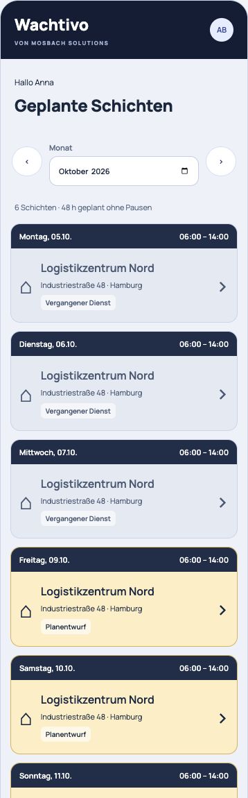 WACHTIVO Plattformansicht: Mitarbeiter-App & Selbstservice